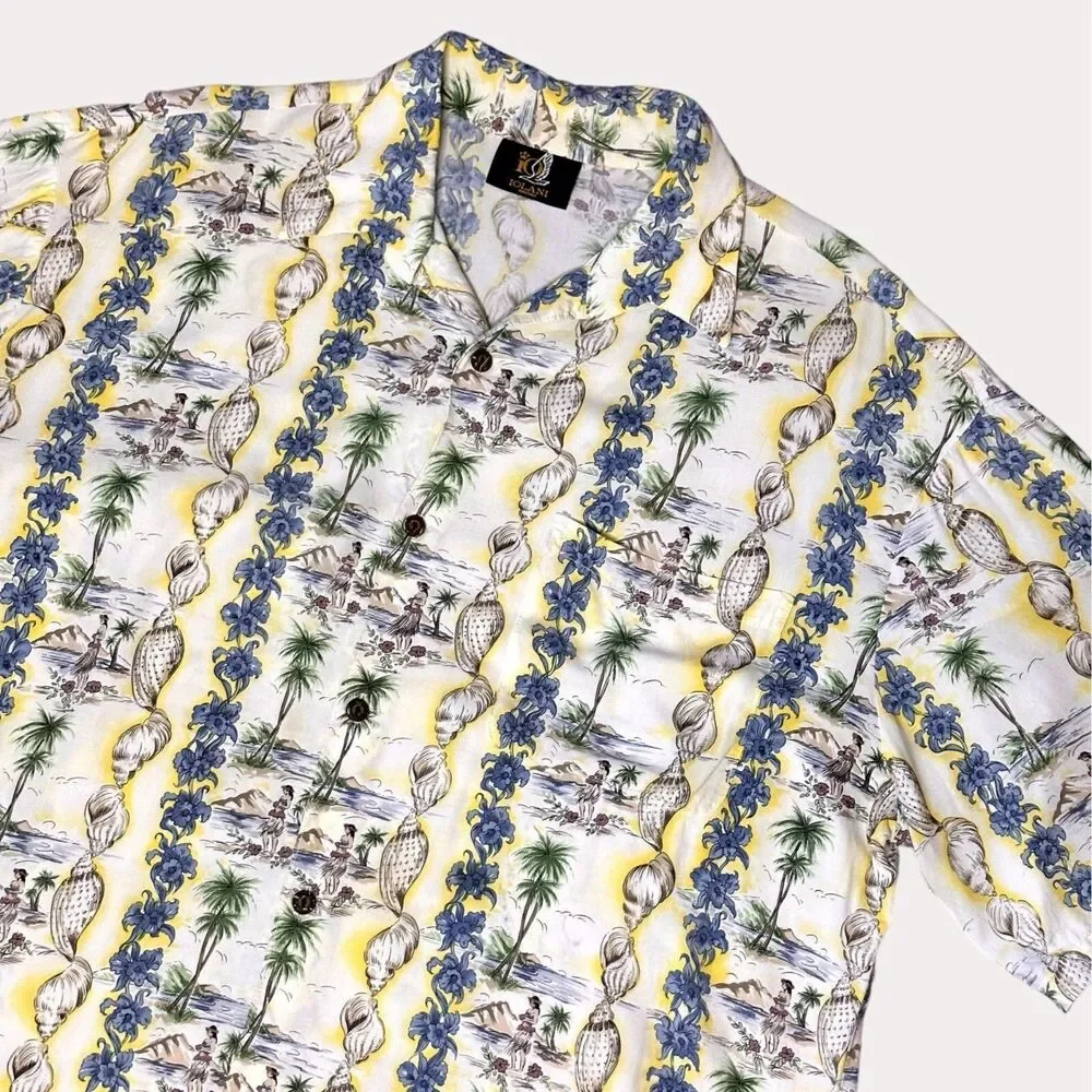 Iolani Vintage Mens Hawaiian Button Down Shirt Hula Seashell L